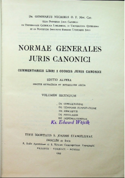 Normae Generales Juris Canonici Volumen II 1949 r.