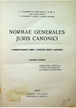 Normae Generales Juris Canonici Volumen primum 1929 r.