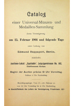 Catalog einer Universal Munzen une Medaillen Sammlung 1901r