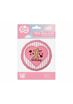 Balon foliowy 1st Birthday, różowy 45 cm