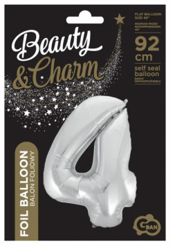 Balon foliowy cyfra 4 Beauty&Charm srebrna 92cm