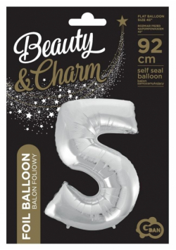 Balon foliowy cyfra 5 Beauty&Charm srebrna 92cm