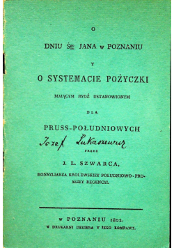 O systematyce pożyczki reprint z 1802r.