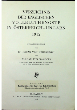 Verzeichnis der englischen vollbluthengste in osterreich ungarn 1912 r.