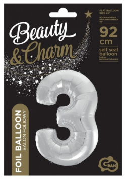 Balon foliowy cyfra 3 Beauty&Charm srebrna 92cm