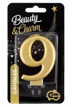 Świeczka cyferka 9 Beauty&Charm metalik złota 8cm