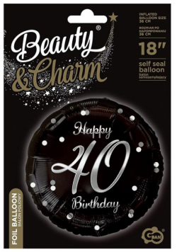 Balon foliowy, Happy 40 Birthday, czarny 45cm