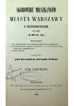 Skorowidz Mieszkańców Miasta Warszawy z przedmieściami na rok 1834 Reprint 1854r