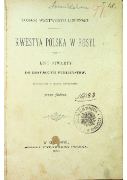 Kwestya Polska w Rosyi List Otwarty do Rosyjskich Publicystów 1898 r.