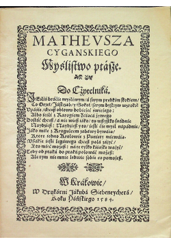 Mathevsza Cyganskiego myślistwo ptasze reprint z 1584r