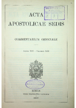 Acta apostolicae sedis Annus XIII Volumen XIII 1921 r.