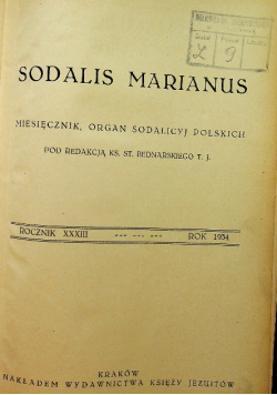 Sodalis Marianus Miesięcznik Organ Sodalicyj Polskich  1934 r.
