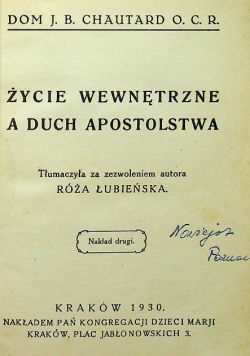 Życie wewnętrzne a duch apostolstwa, 1930r.