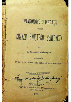 Wiadomość o medalu czyli krzyżu Świętego Benedykta 1889 r