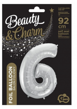 Balon foliowy cyfra 6 Beauty&Charm srebrna 92cm