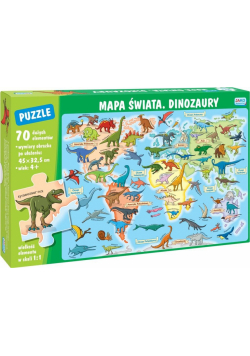 Puzzle 70 elementów. Mapa świata. Dinozaury