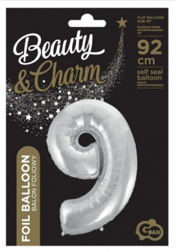 Balon foliowy cyfra 9 Beauty&Charm srebrna 92cm