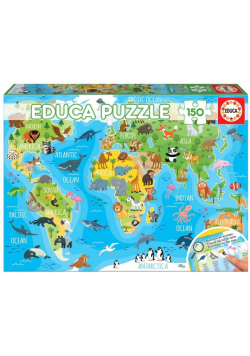 Puzzle 150 Mapa świata dla dzieci (Zwierzęta) G3